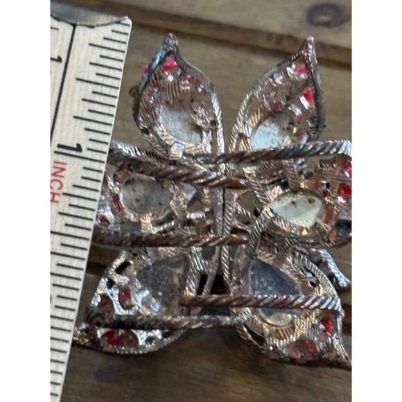 Large Floral Hair Clip With Red Rhinestones & Metal**note missing rhinestone - Picture 6 of 10